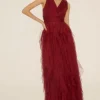 Discount Oasis Ruffle V Plunge Tulle Maxi Dress Berry