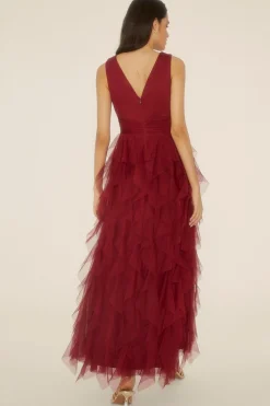 Discount Oasis Ruffle V Plunge Tulle Maxi Dress Berry