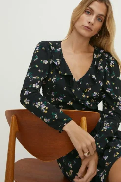 Discount Oasis Ruffle Wrap Ditsy Print Velvet Bow Dress Black