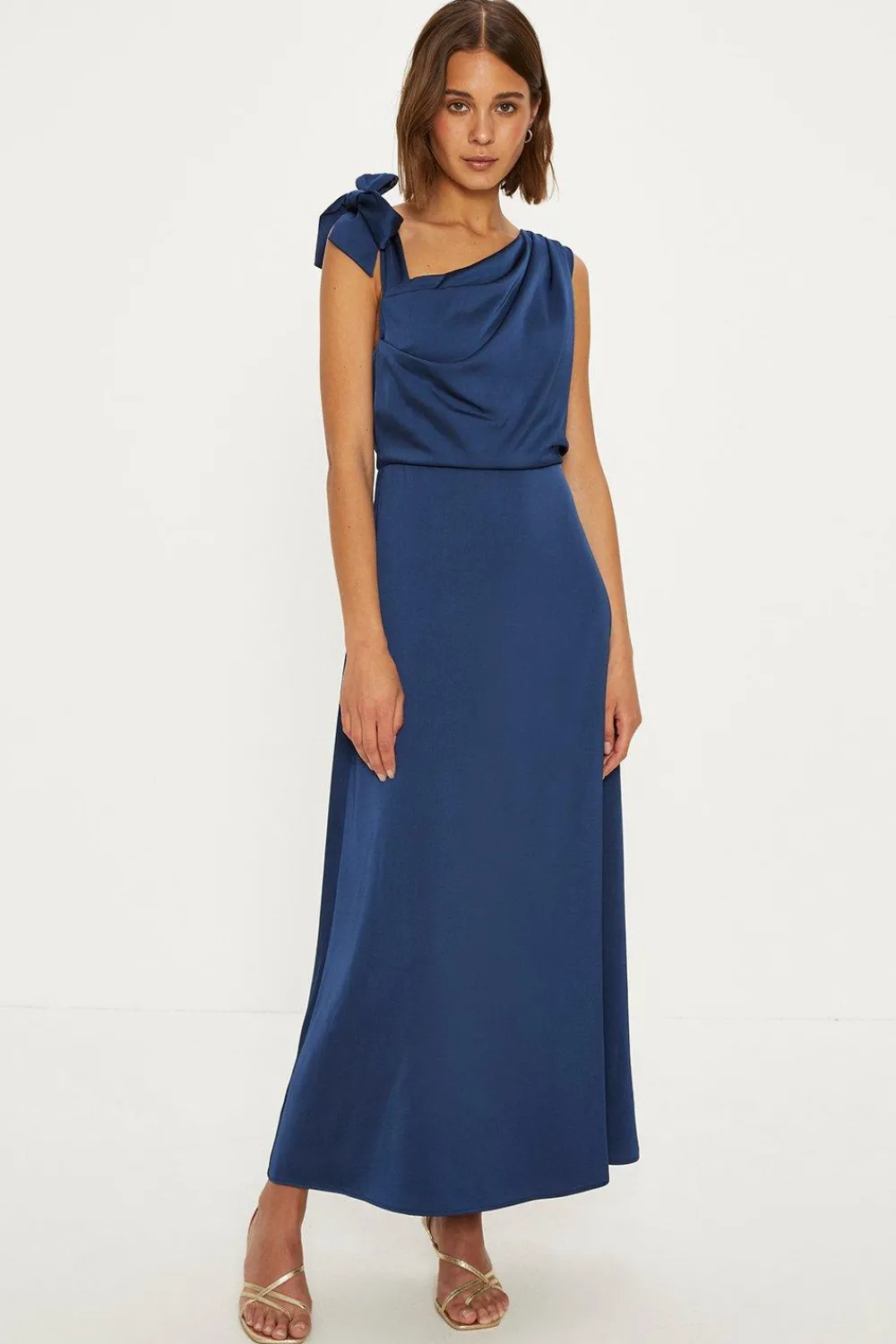 Hot Oasis Satin Asymmetric Bow Shoulder Midi Dress Navy