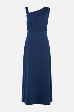 Hot Oasis Satin Asymmetric Bow Shoulder Midi Dress Navy