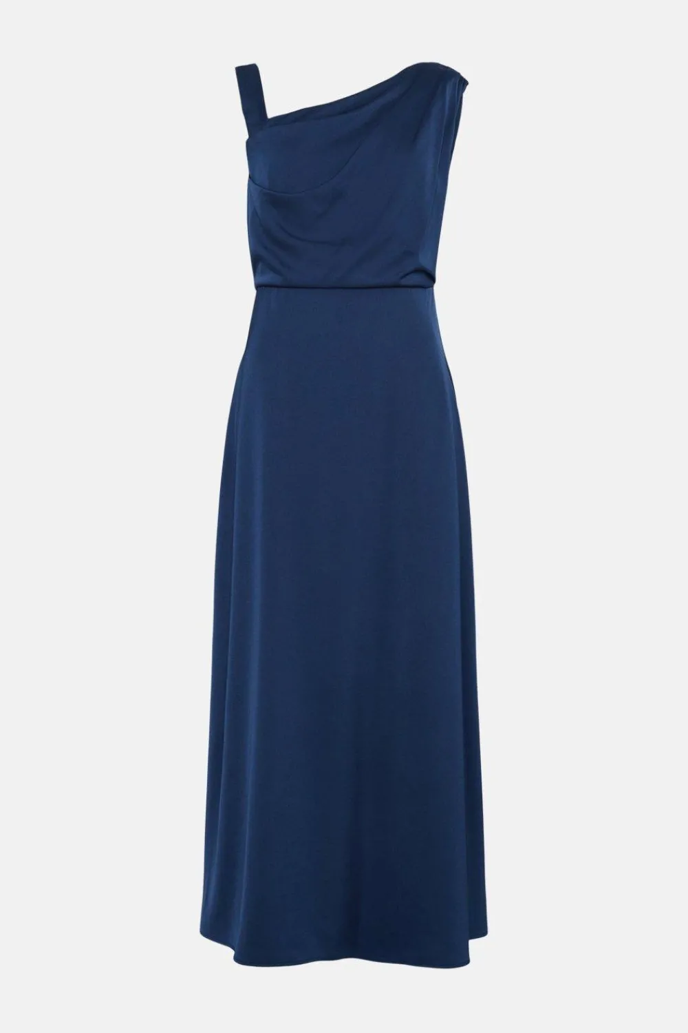 Hot Oasis Satin Asymmetric Bow Shoulder Midi Dress Navy