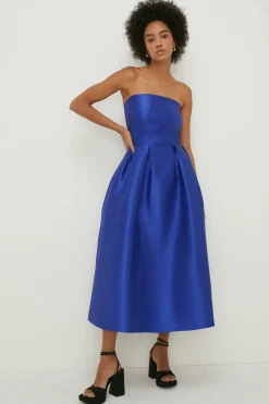 Sale Oasis Satin Bandeau Tailored Pleated Midi Dress Cobalt