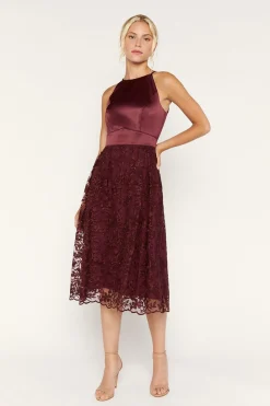 Online Oasis Satin Bodice Organza Midi Dress Burgundy