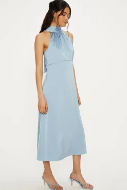 Online Oasis Satin Halter Neck Midi Dress Blue