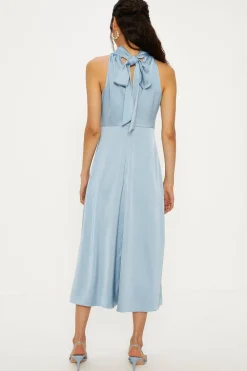Online Oasis Satin Halter Neck Midi Dress Blue