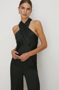 New Oasis Satin Halterneck Belted Jumpsuit Olive
