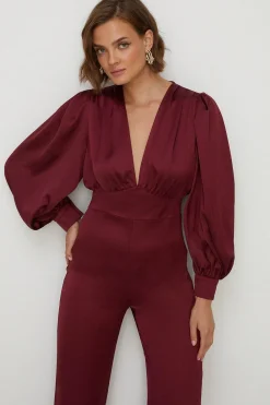 Online Oasis Satin Plunge Neck Balloon Sleeve Jumpsuit Berry
