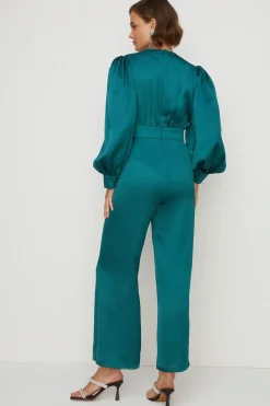 Fashion Oasis Satin Plunge Neck Balloon Sleeve Jumpsuit Emerald