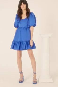 Fashion Oasis Satin Puff Sleeve Skater Dress Cobalt