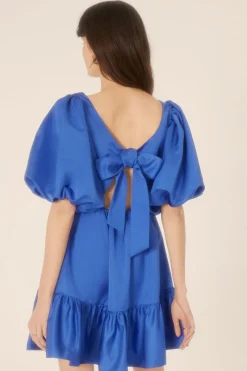 Fashion Oasis Satin Puff Sleeve Skater Dress Cobalt