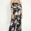 Hot Oasis Satin Twill Floral Wide Leg Trouser Black