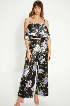 Hot Oasis Satin Twill Floral Wide Leg Trouser Black