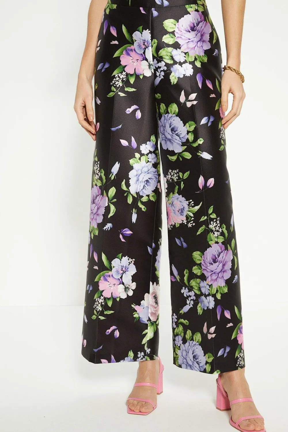 Hot Oasis Satin Twill Floral Wide Leg Trouser Black