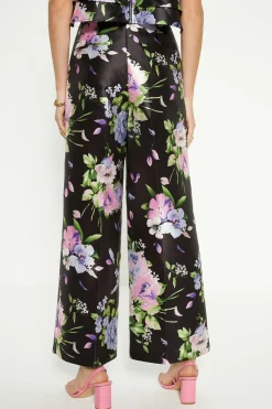 Hot Oasis Satin Twill Floral Wide Leg Trouser Black