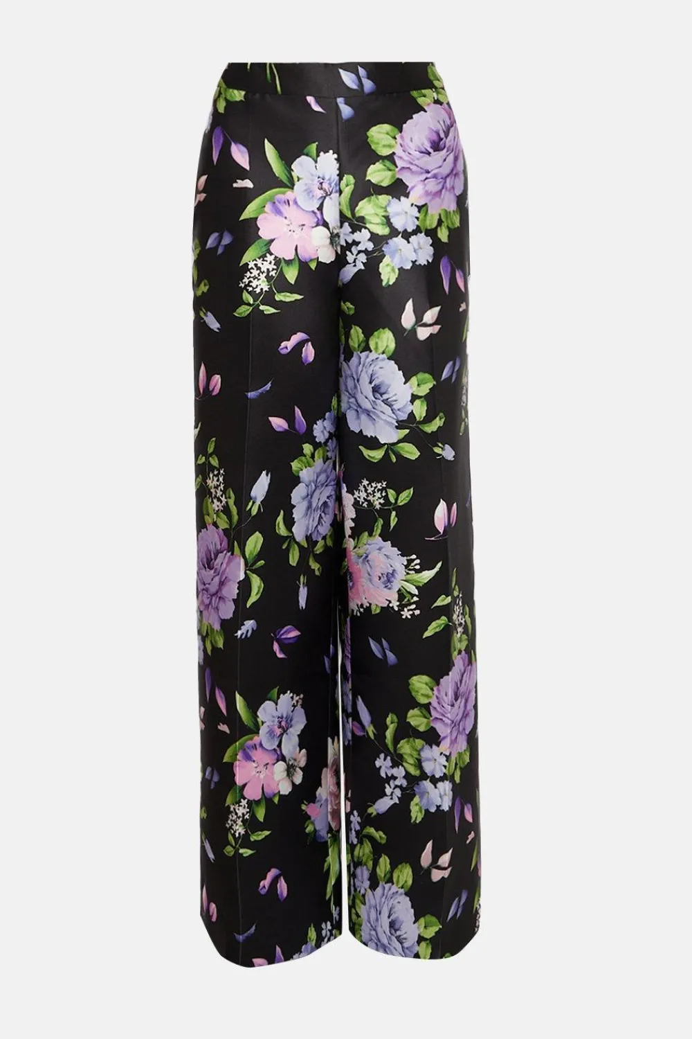 Hot Oasis Satin Twill Floral Wide Leg Trouser Black