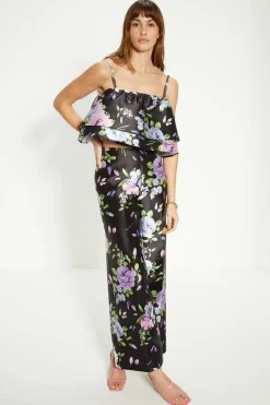 Hot Oasis Satin Twill Frill Tiered Floral Crop Top Black