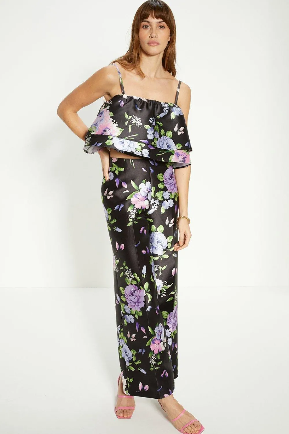 Hot Oasis Satin Twill Frill Tiered Floral Crop Top Black