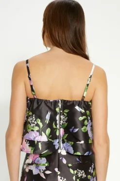 Hot Oasis Satin Twill Frill Tiered Floral Crop Top Black