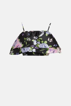 Hot Oasis Satin Twill Frill Tiered Floral Crop Top Black