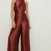 Sale Oasis Satin Twill Halterneck Wide Leg Jumpsuit Hot Pink