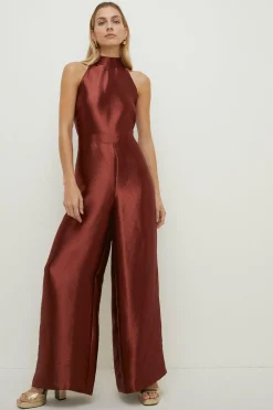 Sale Oasis Satin Twill Halterneck Wide Leg Jumpsuit Hot Pink