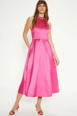 New Oasis Satin Twill Lace Back Midi Dress Pink