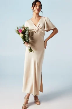 Clearance Oasis Satin Twist Front Angel Sleeve Midi Dress Sage