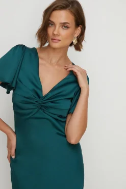 Fashion Oasis Satin Twist Front Angel Sleeve Midi Dress Navy