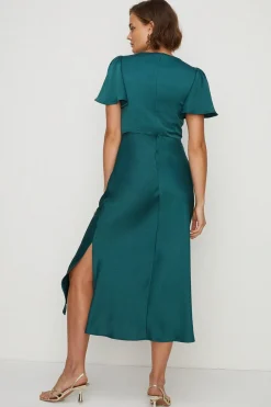 Fashion Oasis Satin Twist Front Angel Sleeve Midi Dress Navy
