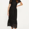 Hot Oasis Scallop Lace Full Skirted Angel Sleeve Midi Dress Black