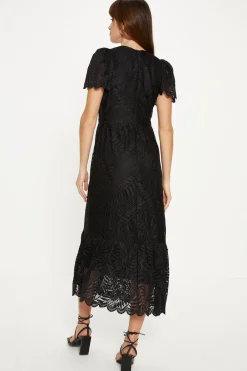 Hot Oasis Scallop Lace Full Skirted Angel Sleeve Midi Dress Black
