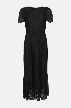 Hot Oasis Scallop Lace Full Skirted Angel Sleeve Midi Dress Black