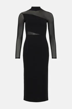 Fashion Oasis Scuba Crepe Mesh Detail Funnel Midi Dress Black