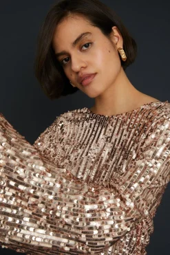 Clearance Oasis Sequin Blouson Wrap Back Mini Dress Rose Gold