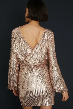 Clearance Oasis Sequin Blouson Wrap Back Mini Dress Rose Gold
