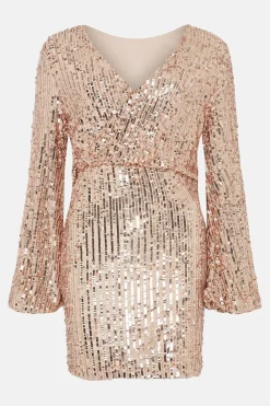 Clearance Oasis Sequin Blouson Wrap Back Mini Dress Rose Gold