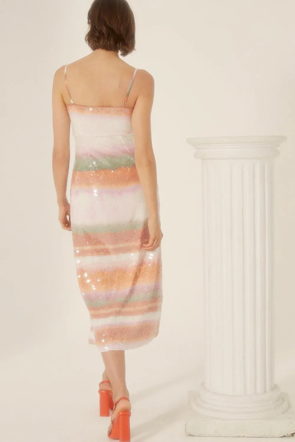 New Oasis Sequin Blurred Stripe Strappy Midi Dress Multi