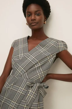 Sale Oasis Sequin Check Cap Sleeve Wrap Dress Grey