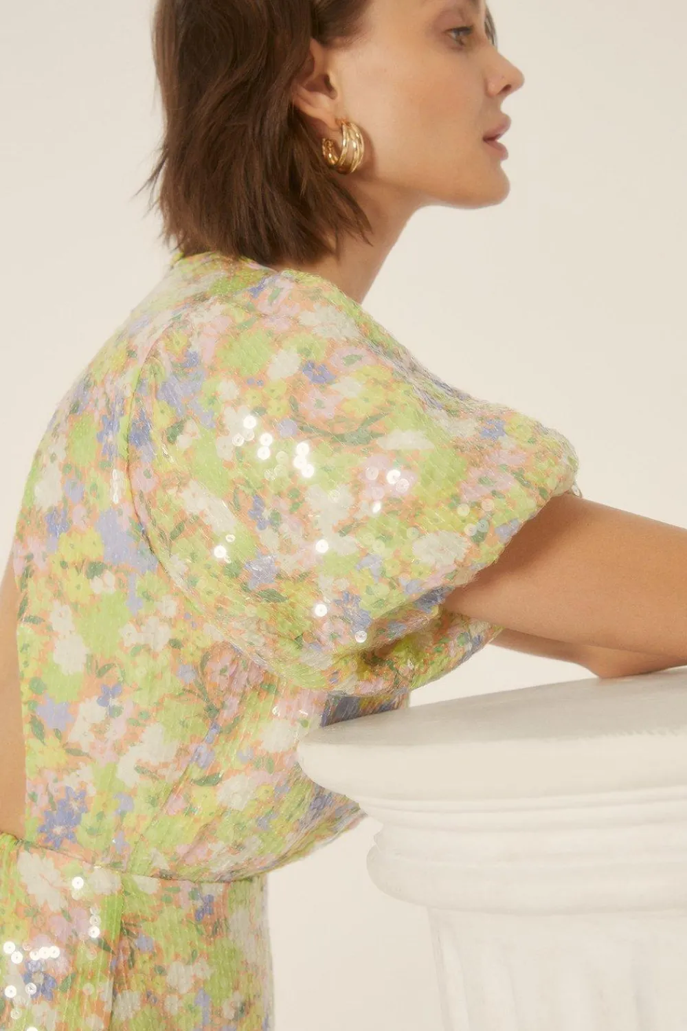 Clearance Oasis Sequin Ditsy Puff Sleeve Aline Dress Lime