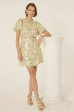 Clearance Oasis Sequin Ditsy Puff Sleeve Aline Dress Lime