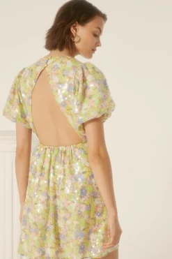 Clearance Oasis Sequin Ditsy Puff Sleeve Aline Dress Lime