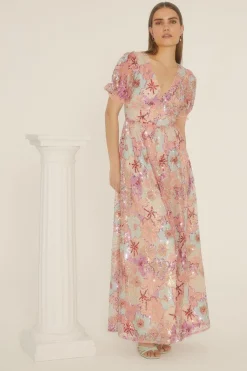 Sale Oasis Sequin Embroidered Floral Mesh V Neck Maxi Dress Nude