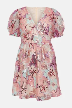 Outlet Oasis Sequin Embroidered Floral Mesh V Neck Skater Dress Nude