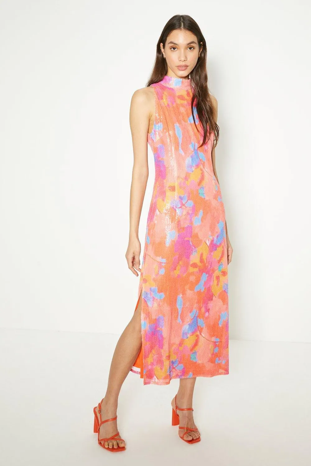 Online Oasis Sequin Floral Halter Neck Midi Dress Pink