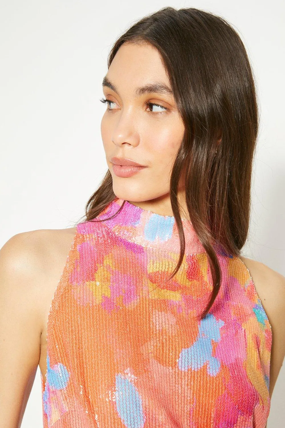 Online Oasis Sequin Floral Halter Neck Midi Dress Pink