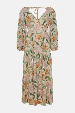 Hot Oasis Sequin Floral V Neck Midi Dress Nude