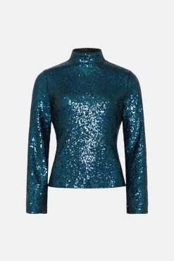 Discount Oasis Sequin Funnel Neck Flared Sleeve Top Multi