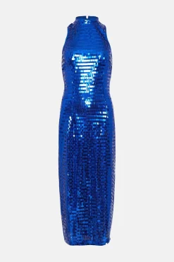 Hot Oasis Sequin Halterneck Midi Dress Cobalt