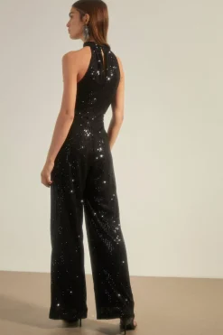 Fashion Oasis Sequin High Neck Jumpsuit Black